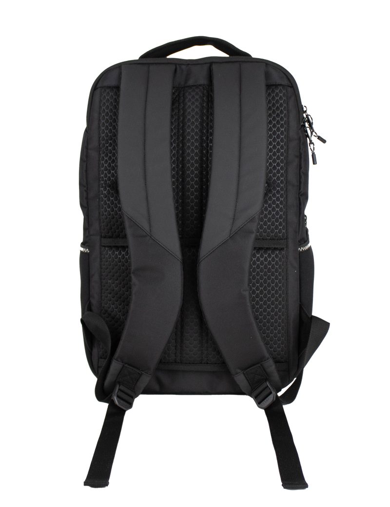 A back view of the Men's Corpo Ce Backpack by Volcom in black, highlighting its padded shoulder straps, top handle, and mesh back panel. The visible zippers and strap adjustment hardware make this backpack an ideal choice for travel or everyday laptop use.