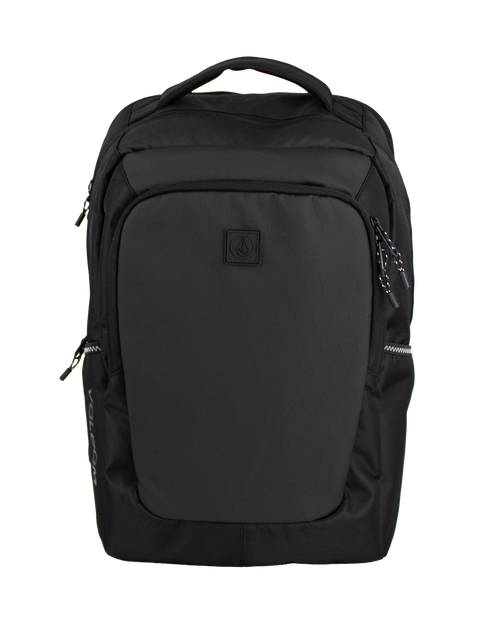 Introducing the Volcom Men's Corpo Ce Backpack in sleek black, featuring multiple zippered compartments, a convenient top handle, and the signature Volcom logo subtly displayed on the front pocket—all set against a plain white background. Ideal as a laptop backpack or for any of your travel backpack needs.