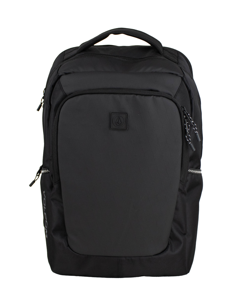 Introducing the Volcom Men's Corpo Ce Backpack in sleek black, featuring multiple zippered compartments, a convenient top handle, and the signature Volcom logo subtly displayed on the front pocket—all set against a plain white background. Ideal as a laptop backpack or for any of your travel backpack needs.