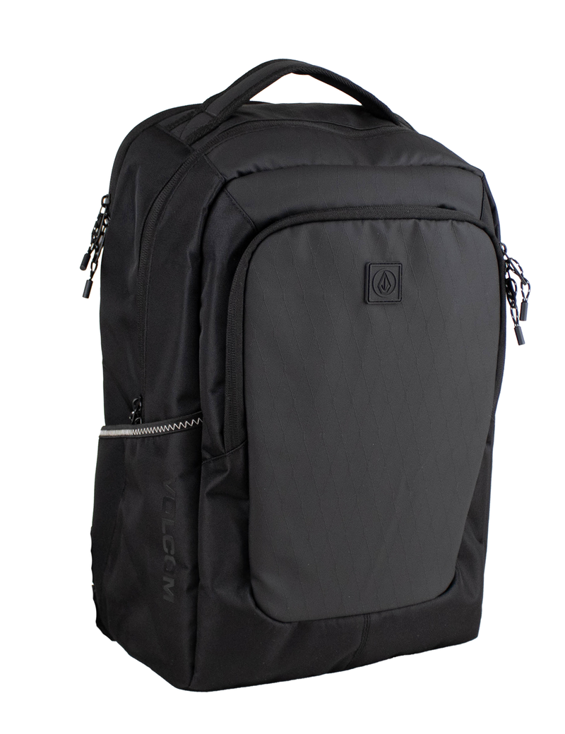 The Volcom Men's Corpo Ce Backpack is a sleek black laptop backpack featuring a front zip pocket, a top handle, and two main zippered compartments for optimal organization on the go. Perfect as a travel backpack, it sports a subtle Volcom logo on the front and a unique diagonal zipper on the left side for added style and convenience.