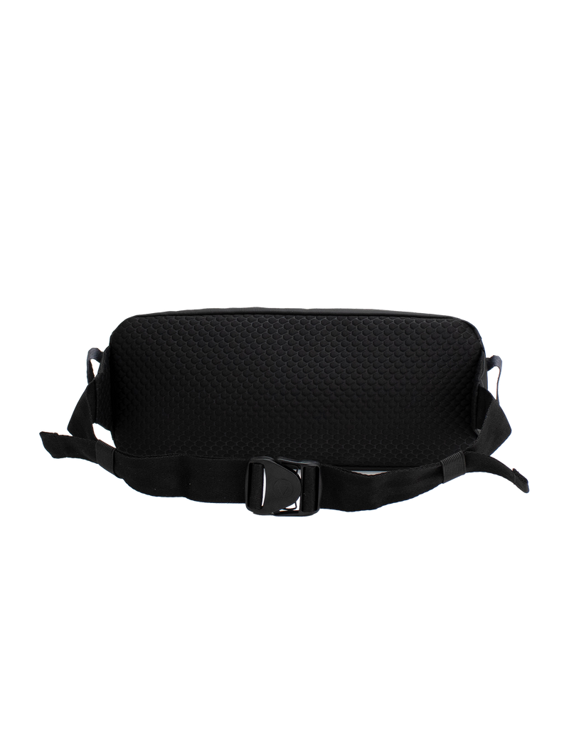 The Men's Venture Light Sling Pack by Volcom, shown in black against a plain white background, is a lightweight sling bag featuring a textured back panel and an adjustable strap with a plastic buckle.