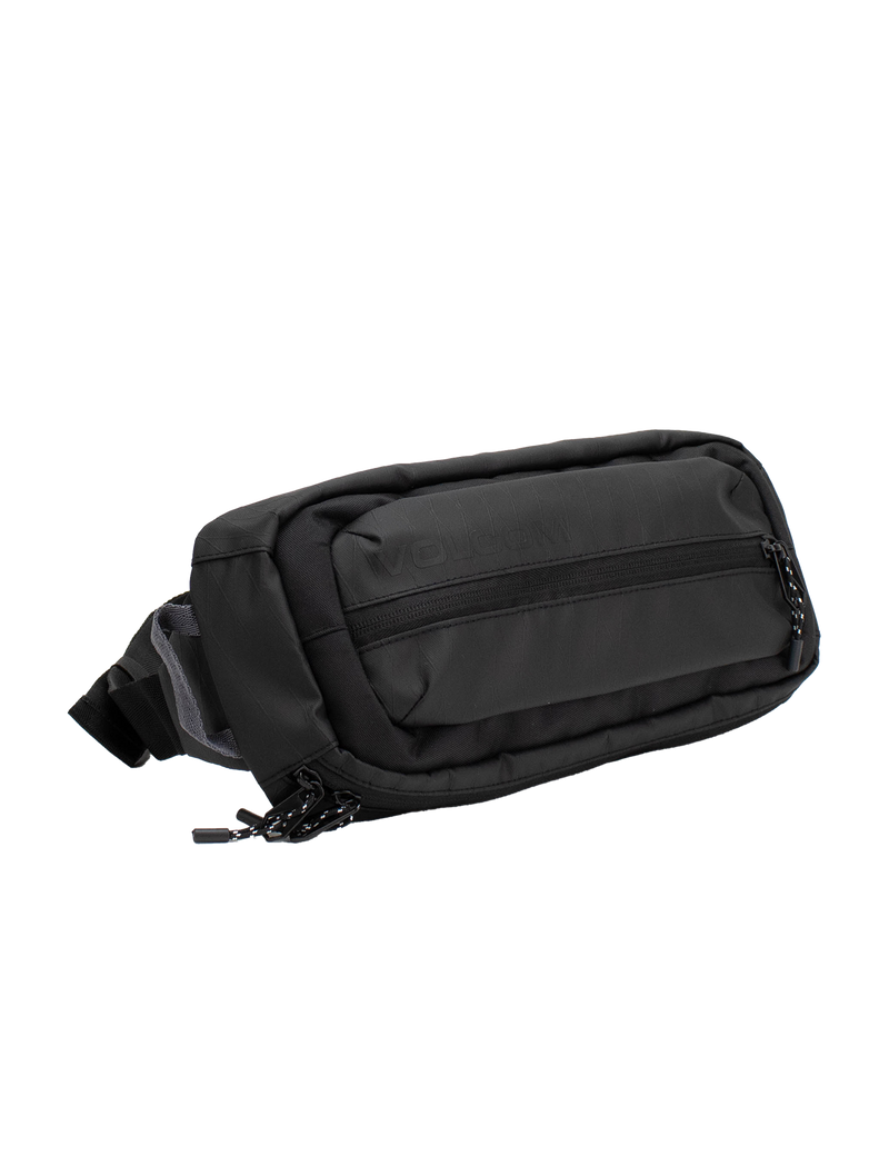 A Men's Venture Light Sling Pack by Volcom in black, featuring a front zipper pocket and an adjustable strap, is displayed on a plain white background. This lightweight Volcom sling pack offers a stylish and convenient way to carry your essentials.