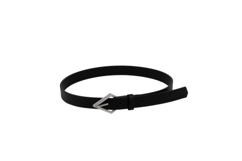 The Volcom Women's Stoned Forever black leather belt, featuring a distinctive silver, stone-shaped buckle, is coiled in a circle on a plain white background.