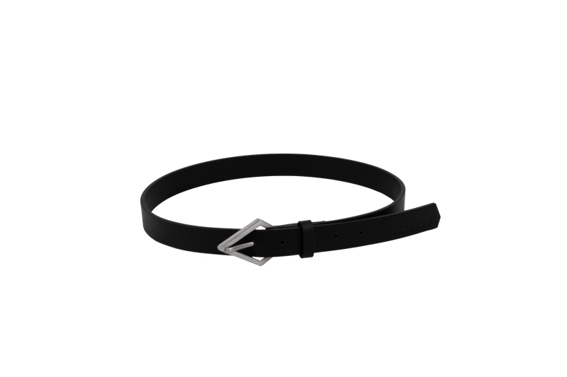 The Volcom Women's Stoned Forever black leather belt, featuring a distinctive silver, stone-shaped buckle, is coiled in a circle on a plain white background.
