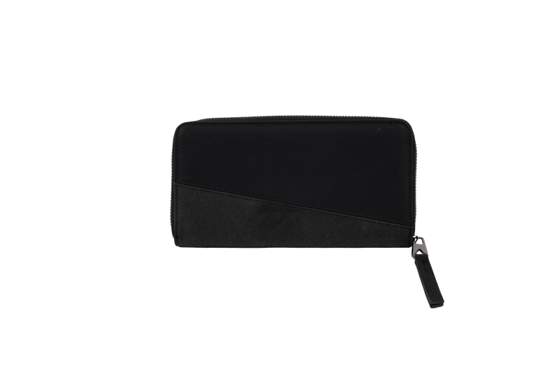 A black Women's Palmcation wallet by Volcom, checkbook-sized with a wrist strap, is displayed against a plain white background. The wallet features a distinctive diagonal seam detail on the front, making it an ideal everyday companion.