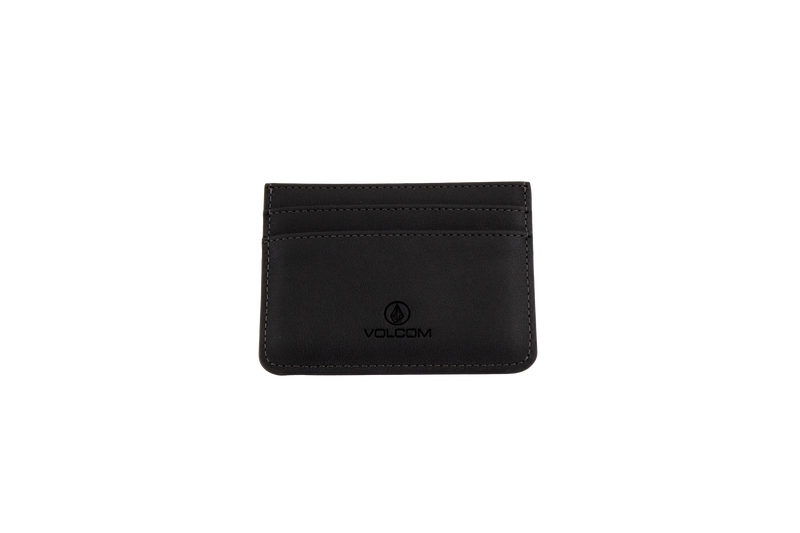 A black Volcom Women's Studette Card Wallet featuring two card slots, simple stitching, and the Volcom logo embossed on the front, displayed on a plain white background.