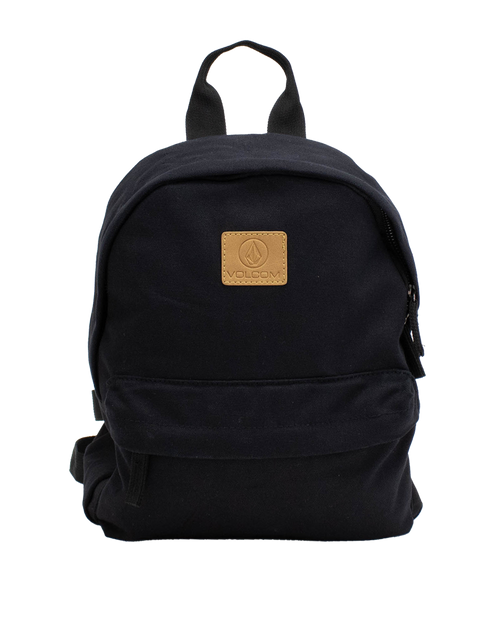 Certainly! Here’s the revised sentence using your product data: The Women's Winnie Backpack by Volcom, in black with a minimalist design, features a front zip pocket and a brown leather patch showcasing the Volcom logo, photographed against a plain white background.