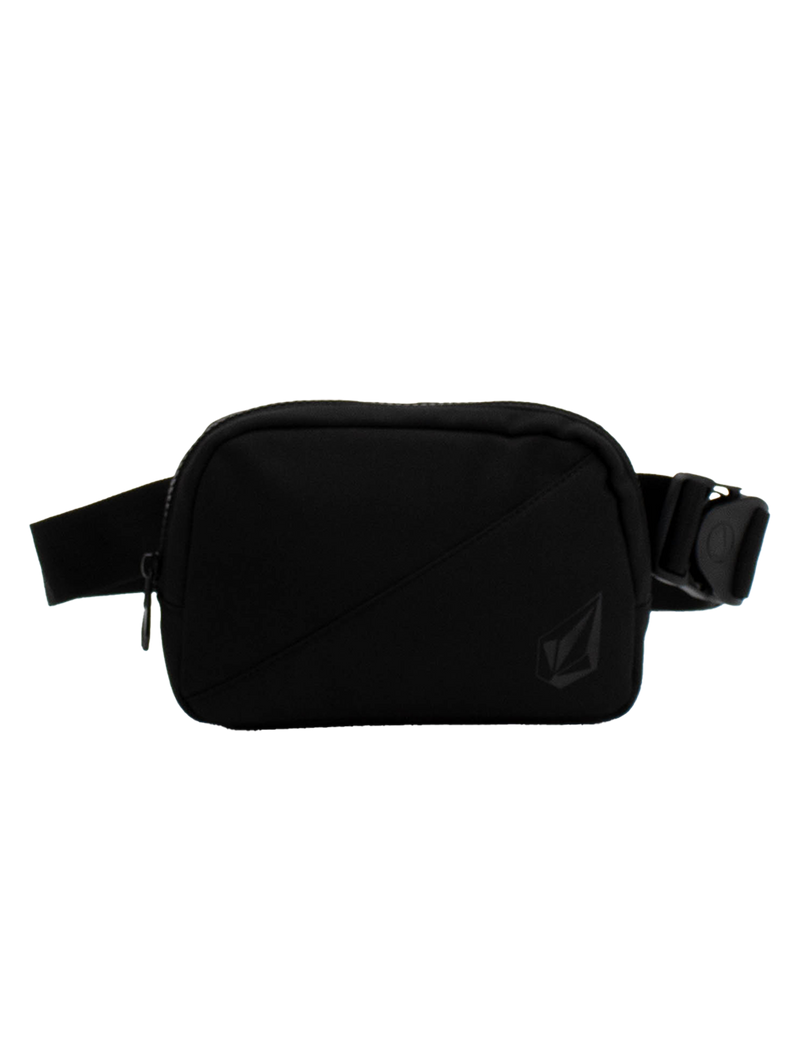 Introducing the Volcom Women's Carryall—a compact black waist bag featuring a zippered main compartment, adjustable strap, and a subtle embossed logo on the front. Its simple, minimalistic design makes it ideal for carrying your daily essentials or using as a convenient travel accessory.