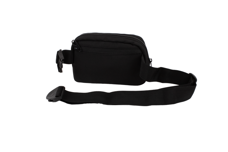 Introducing the Volcom Women's Carryall—a compact black waist bag crafted for your daily essentials. This sleek accessory features a secure zippered compartment and an adjustable strap with a plastic buckle, shown here against a plain white background. Perfect as a stylish and practical travel companion for added convenience and security.