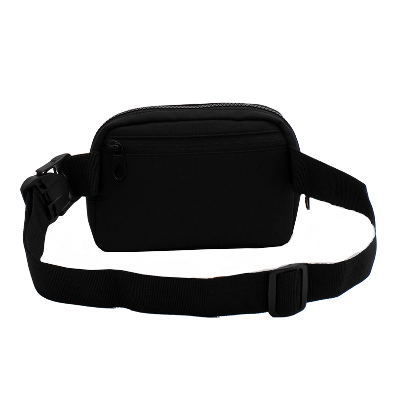 The Volcom Women's Carryall is a sleek black waist bag featuring a zipper pocket and an adjustable strap, ideal for travel, shown against a plain white background.
