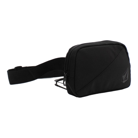 The Volcom Women's Carryall Waist Bag in black features a zipper closure, an adjustable strap, and a subtle logo on the front right side. Displayed against a plain white background, this lightweight bag offers both practicality and style for carrying your everyday essentials.