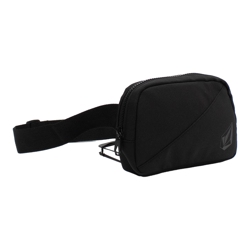 The Volcom Women's Carryall Waist Bag in black features a zipper closure, an adjustable strap, and a subtle logo on the front right side. Displayed against a plain white background, this lightweight bag offers both practicality and style for carrying your everyday essentials.