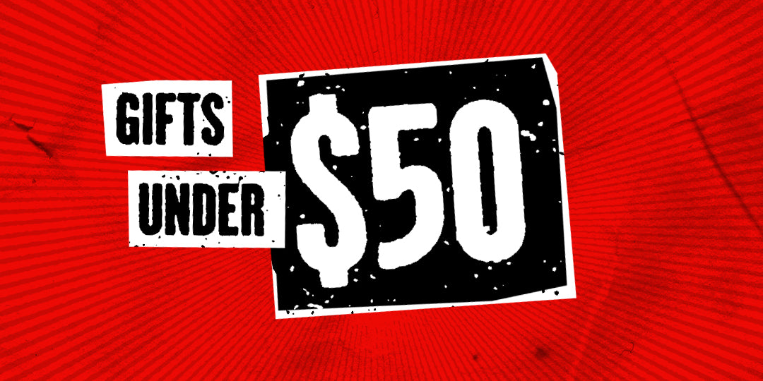 Promotional graphic with 'Gifts Under $50' text on a red background