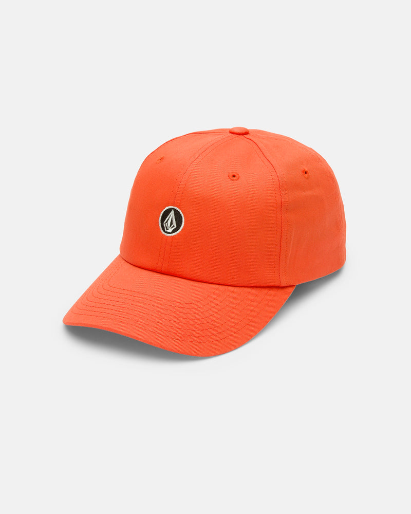 The Women's Circle Stone Dad Hat by Volcom is an orange, 100% cotton cap with a small black and white geometric logo on the front, shown against a plain light gray background.