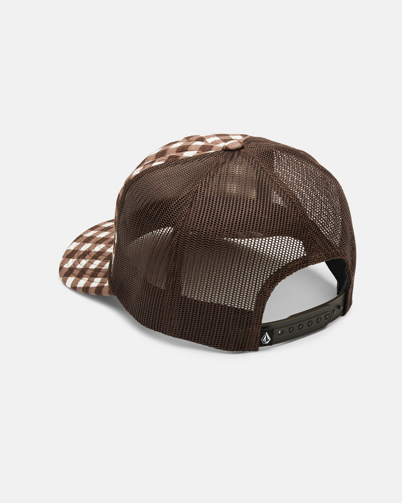 The Volcom Women's Stone Plaid Trucker, shown from the rear on a white background, features brown and white plaid, mesh back, and an adjustable snapback closure.