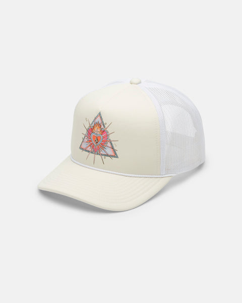 The Volcom Women's Stone Plaid Trucker is a white mesh, unstructured 6-panel hat with a cream front, colorful triangle and red heart graphic, and vintage plaid accents for standout style.