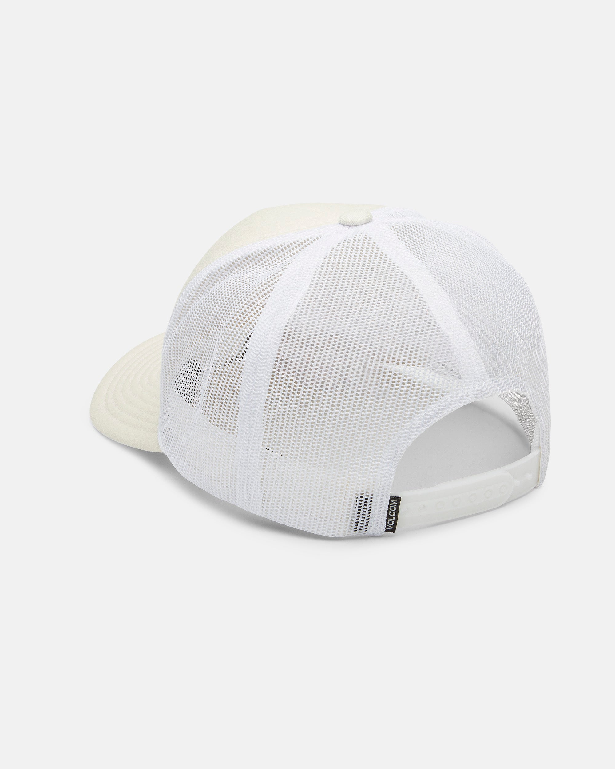 The Volcom Women's Stone Plaid Trucker is an unstructured 6-panel hat with a white mesh back and adjustable snap closure, shown from the rear on a plain light background.