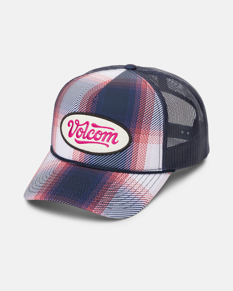 Introducing the Women’s Stoney Plaid Trucker by Volcom—a 5-panel trucker hat with a blue, red, and white plaid pattern, a front patch reading “Volcom” in pink letters, a curved brim, navy mesh back panels, and an adjustable fit for comfort.