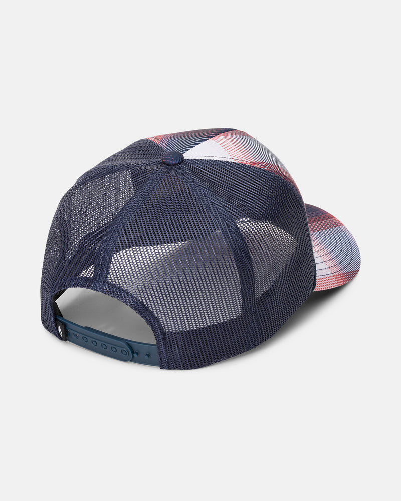 The back view of the Volcom Women’s Stoney Plaid Trucker hat is shown in navy blue mesh with a 5-panel construction, featuring an adjustable snapback closure and a partially visible red, white, and blue plaid pattern on the bill.