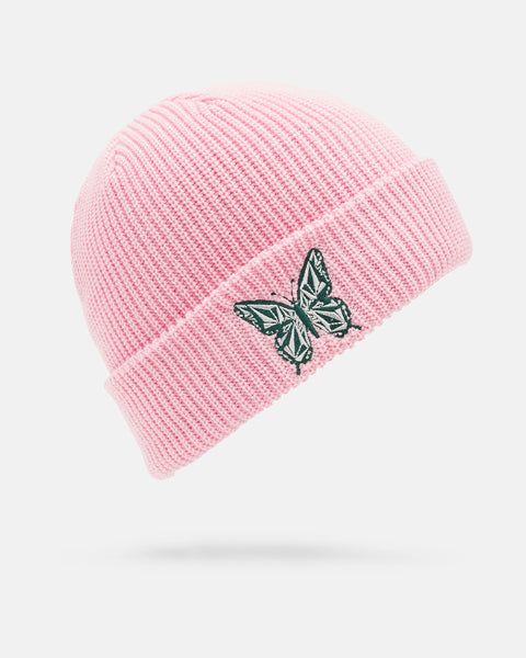 Light pink Women’s Psycho Stone Beanie in Pink Nectar, featuring a dark green embroidered butterfly on the cuff.