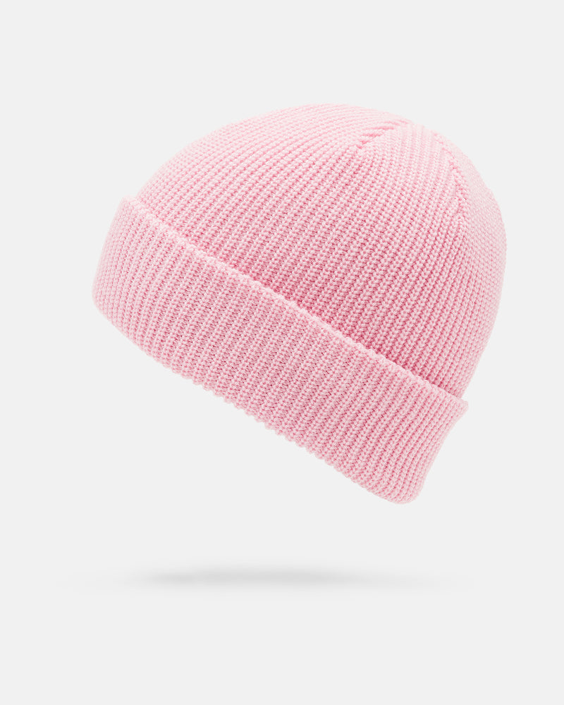 Light pink Volcom Women’s Psycho Stone Beanie with a ribbed knit texture and cuffed design.
