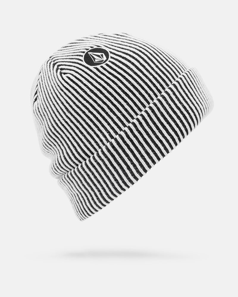 Volcom Women’s Printy Rad Beanie in a black and white striped ribbed knit with a cuffed brim and a circular logo patch on the front.