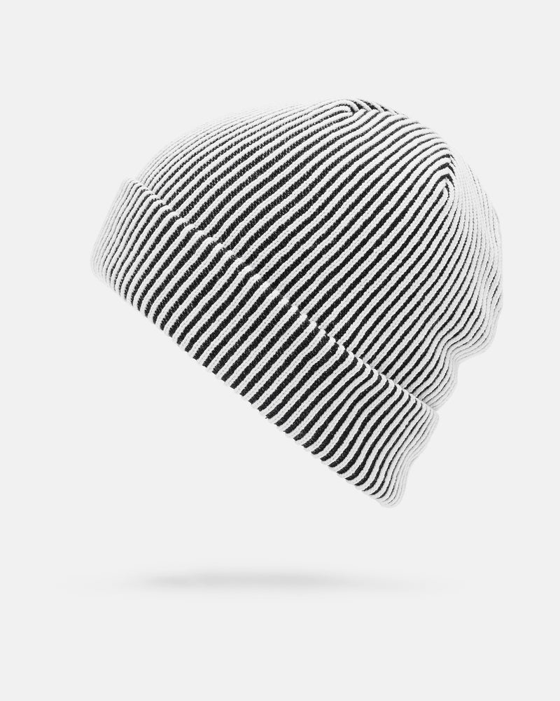 Volcom Women’s Printy Rad cuffed jacquard beanie with a black and white vertical striped pattern.