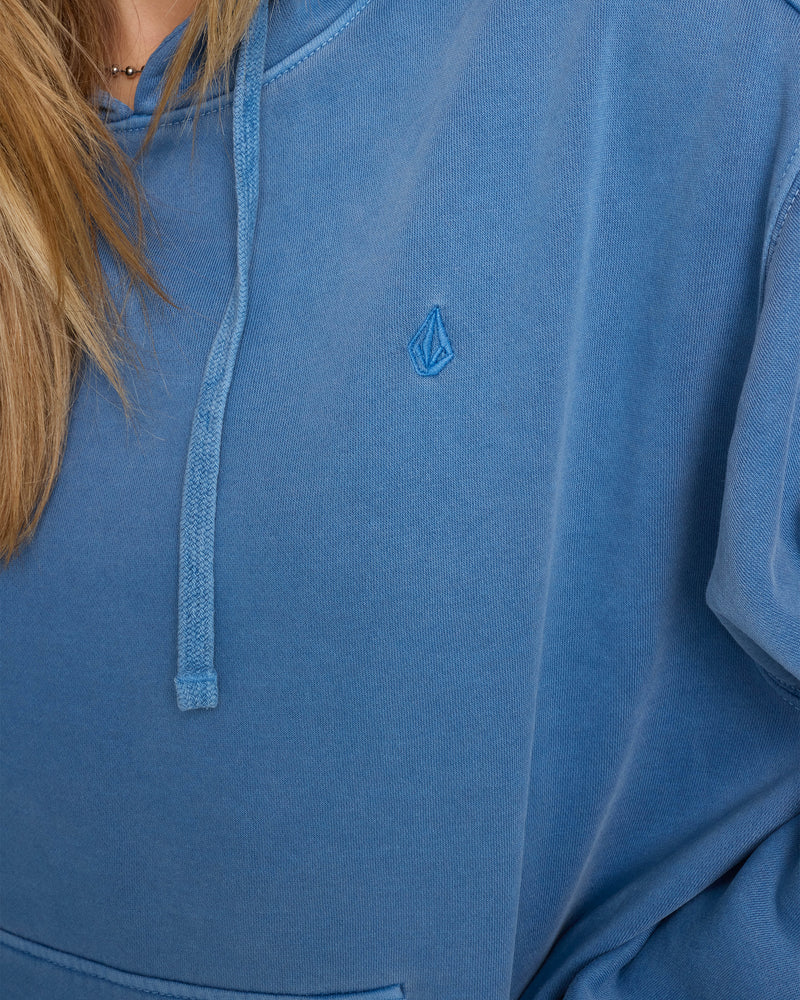 Women’s Stone Soft Hoodie, a relaxed-fit blue fleece hoodie featuring a matching drawstring and a small embroidered diamond logo on the chest.