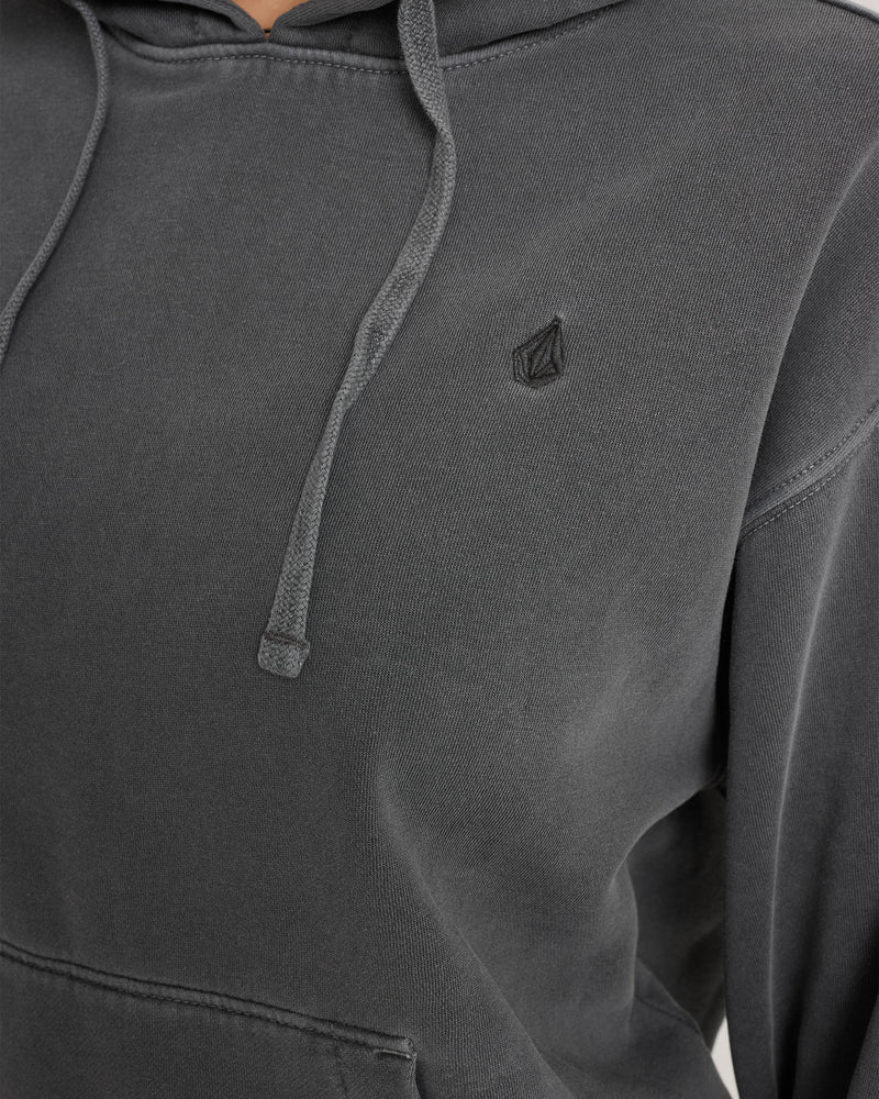 A charcoal grey plush fleece Volcom Women’s Stone Soft Hoodie with a small embroidered logo on the chest and matching drawstring cords.