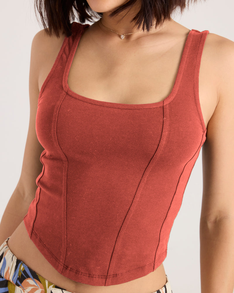 Volcom Women’s Hot Corset Tank in marsala featuring a square neckline and vertical seam detailing.