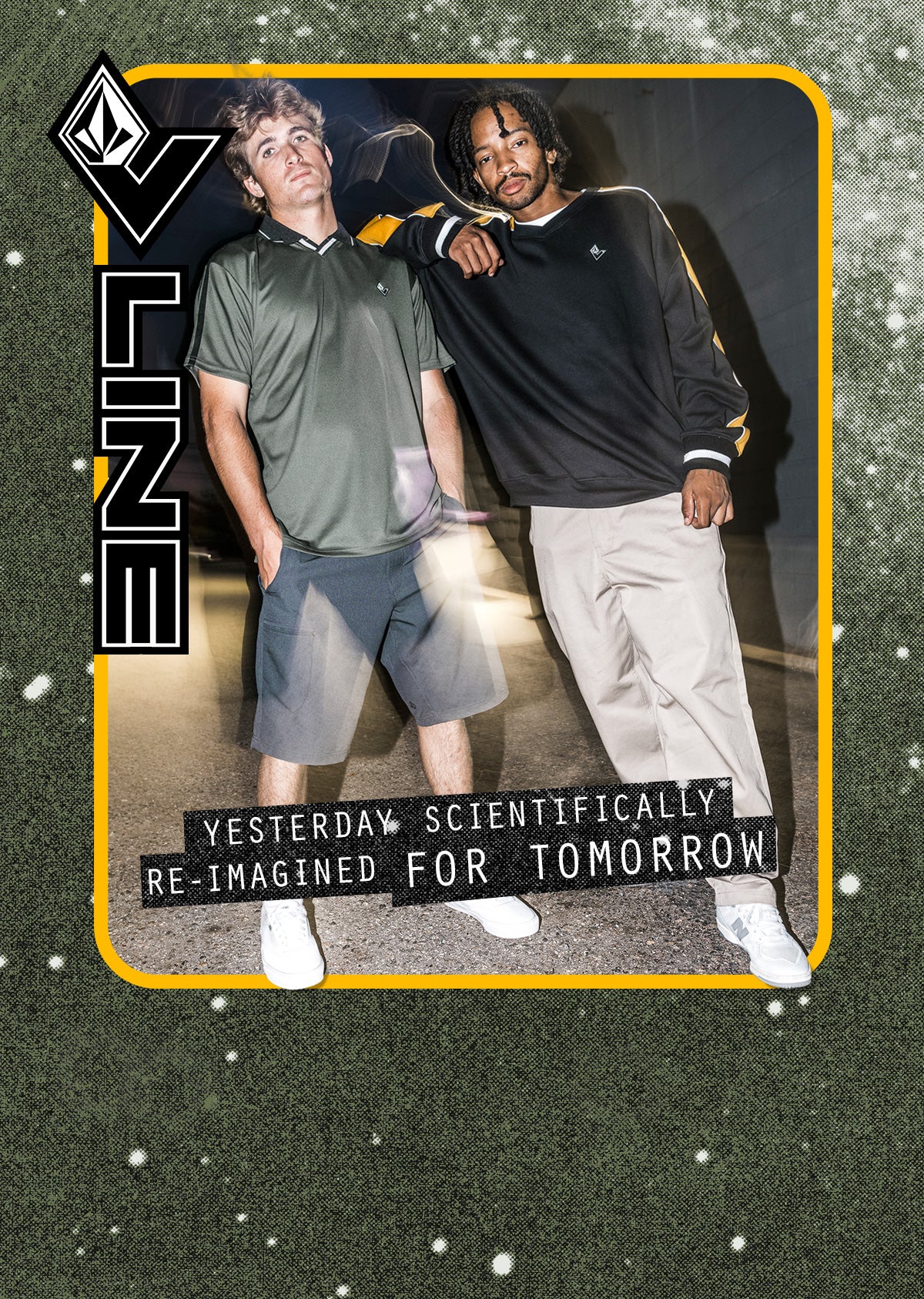 A promotional graphic featuring two men standing together in a dark setting, framed by a yellow border on a textured dark green background with white speckles. The left person wears an olive green polo shirt and gray shorts, while the right person wears a black long-sleeve top with yellow stripes, light beige pants, and white sneakers.