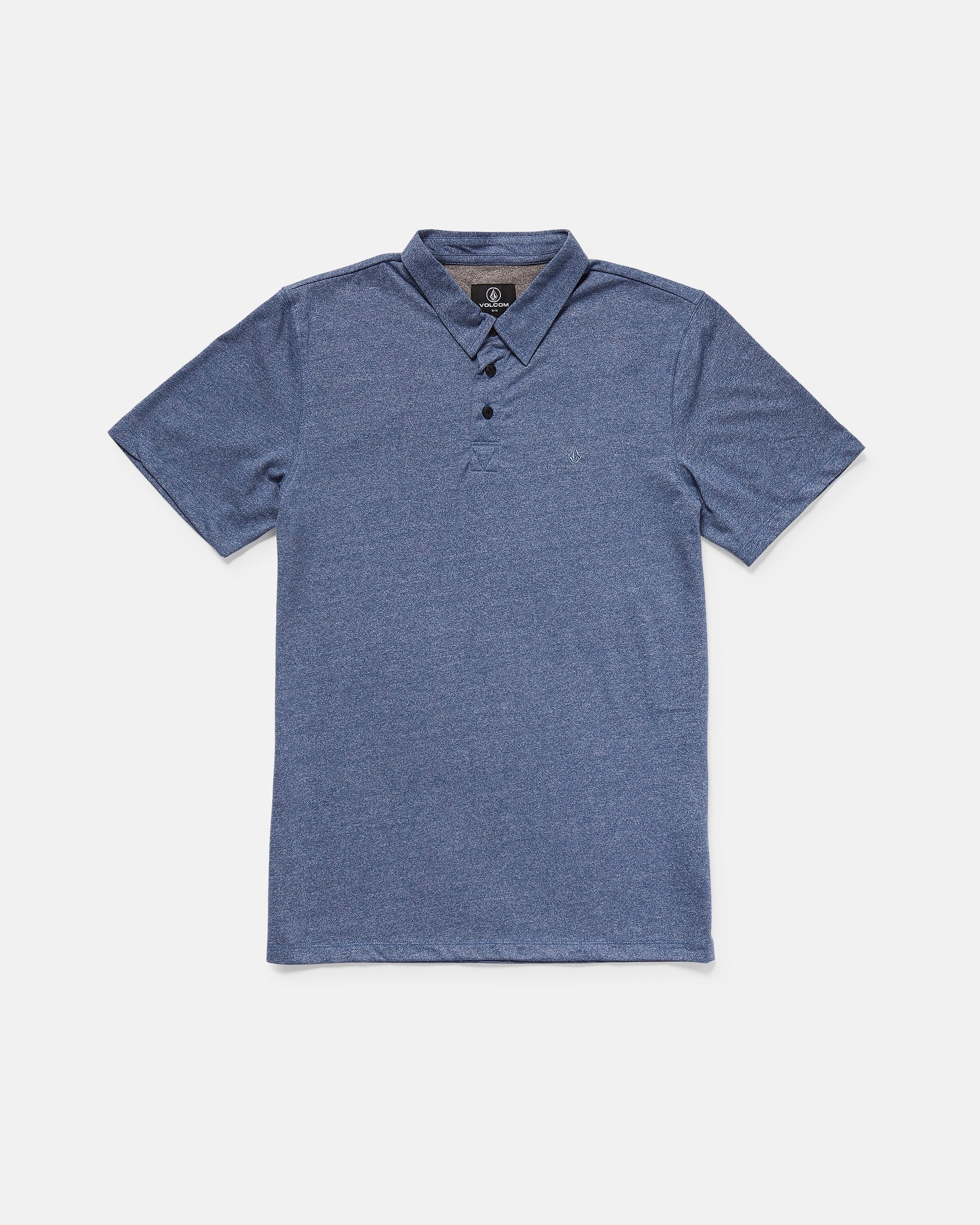 The Men’s Wowzer Polo Short Sleeve Shirt by Volcom, in blue, features a collar and three-button placket, made from a soft cotton-poly blend and is shown laid flat on a white background.