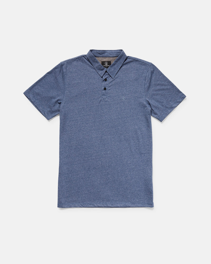 The Men’s Wowzer Polo Short Sleeve Shirt by Volcom, in blue, features a collar and three-button placket, made from a soft cotton-poly blend and is shown laid flat on a white background.