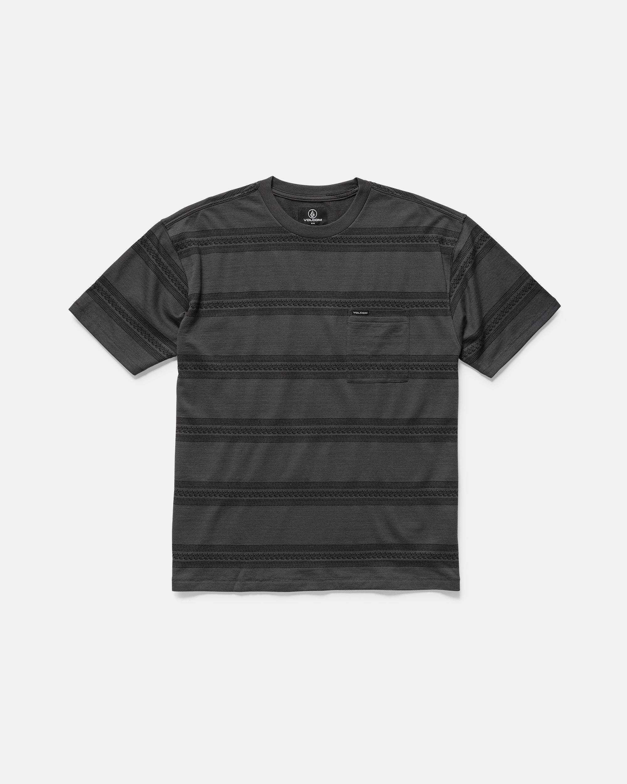 The Volcom Men's Yewster Crew is a black jacquard stripe jersey short sleeve tee with dark gray horizontal stripes, a crew neckline, and a left chest pocket. Made from 100% cotton, it’s shown laid flat on a white background.