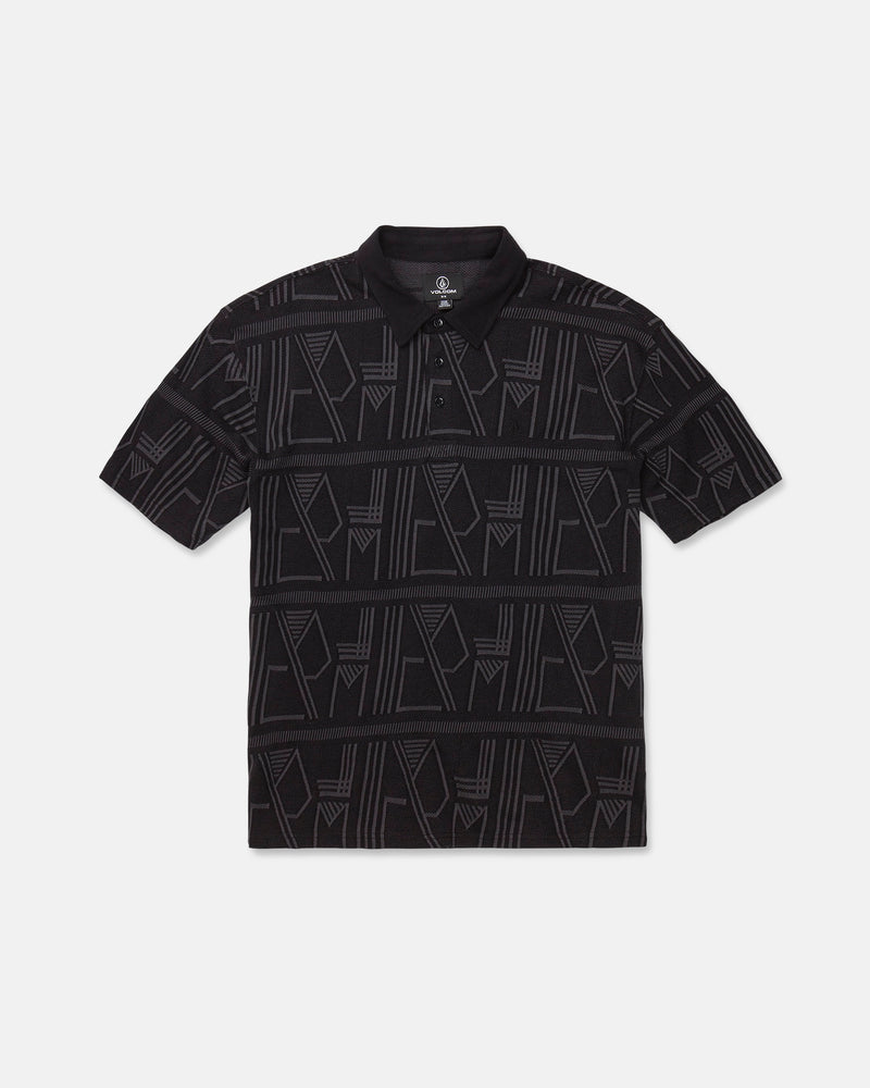 Men's Stone Optix Polo: This black short-sleeve polo from Volcom features a collar and a modern geometric pattern in light gray lines. Crafted from yarn-dyed jacquard, it includes three buttons at the collar and showcases an abstract design with a boxy fit for contemporary style.