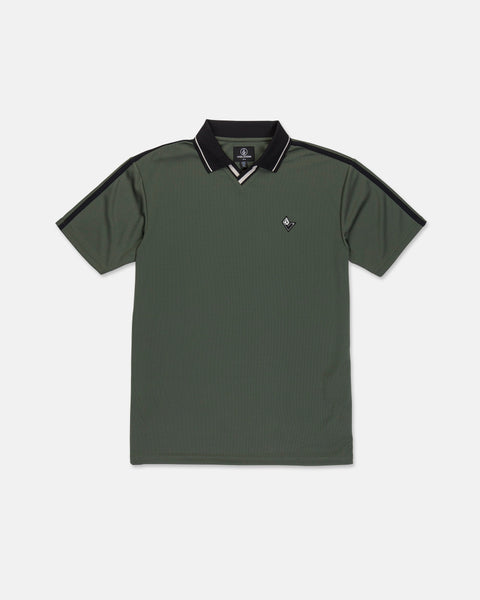 The Volcom Men's Chillstone Short Sleeve Polo features a green Birdseye mesh construction for breathability, a black collar accented with white piping, and a small embroidered logo on the left chest. Yarn-dye black stripes run along the shoulders and sleeves for added style.