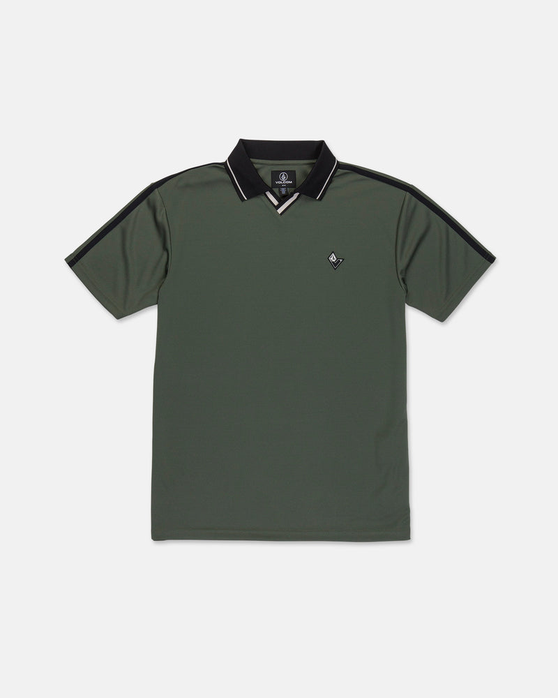 The Volcom Men's Chillstone Short Sleeve Polo features a green Birdseye mesh construction for breathability, a black collar accented with white piping, and a small embroidered logo on the left chest. Yarn-dye black stripes run along the shoulders and sleeves for added style.