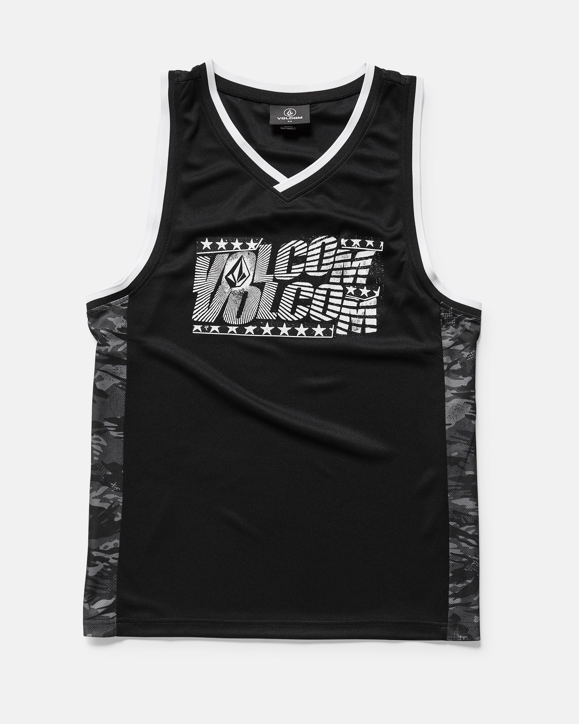 The Volcom Men's Froth Of July Tank is a black muscle fit sleeveless jersey with white trim, white Volcom logo on the chest, dark camo side panels, and breathable closed cell mesh for comfort.