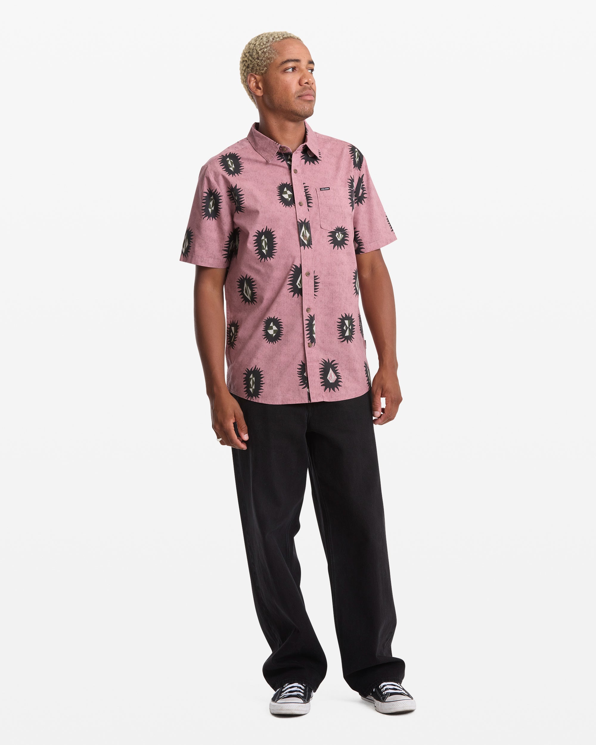 pink and black dress shirt Volcom Men's Markerstone Short Sleeve Fabric Classification:MIKADO a party or Christmas Plunging Flared Ponte Mini Size:IT 37.5 - US 7.5