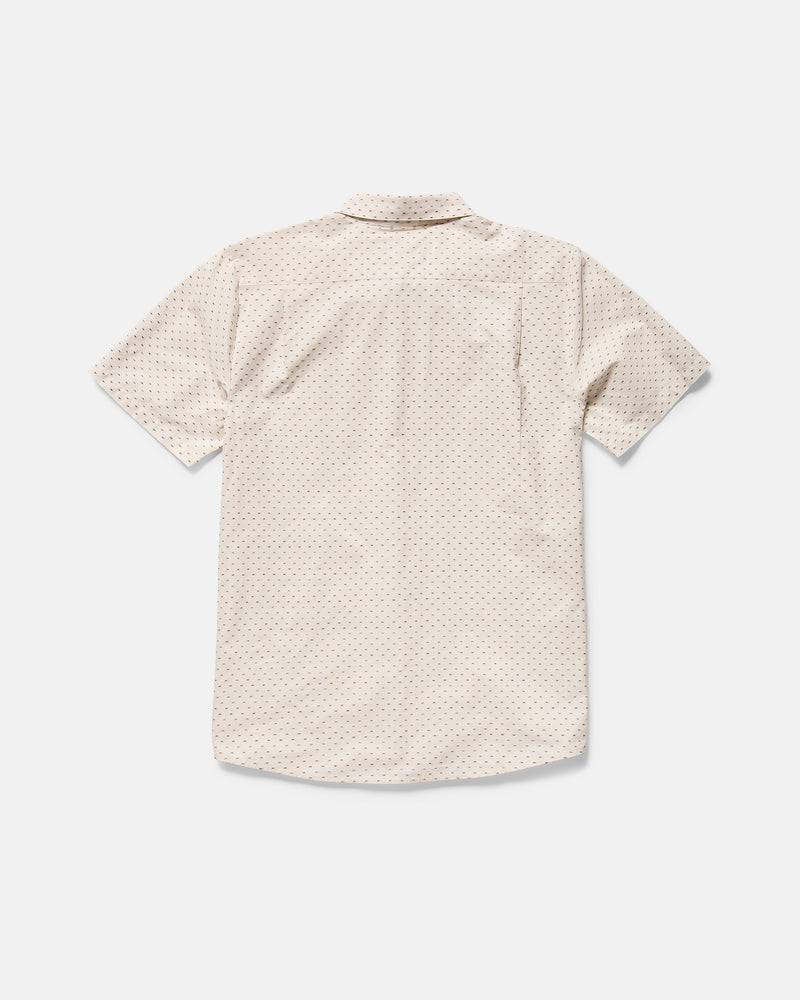 The Volcom Men's Bankstone II Short Sleeve Tee, in light beige with a subtle dobby dot texture and classic fit, is shown from the back against a plain white background.