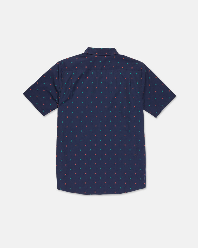Men's Bankstone Short Sleeve Shirt by Volcom in navy blue, designed with a collar and a subtle multicolored dot pattern, crafted in textured dobby weave and shown laid flat with the back facing up.