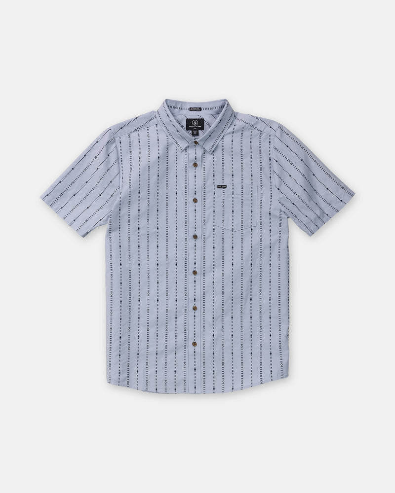 Volcom Men’s Bankstone Short Sleeve, a pale blue short-sleeve button-down shirt featuring a vertical pattern of black dashed lines and a single chest pocket.