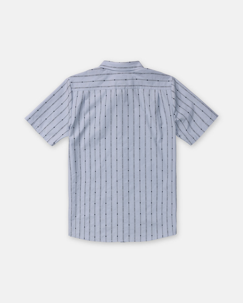 Back view of a pale blue Volcom Men’s Bankstone Short Sleeve button-down shirt featuring a pattern of vertical dashed lines.