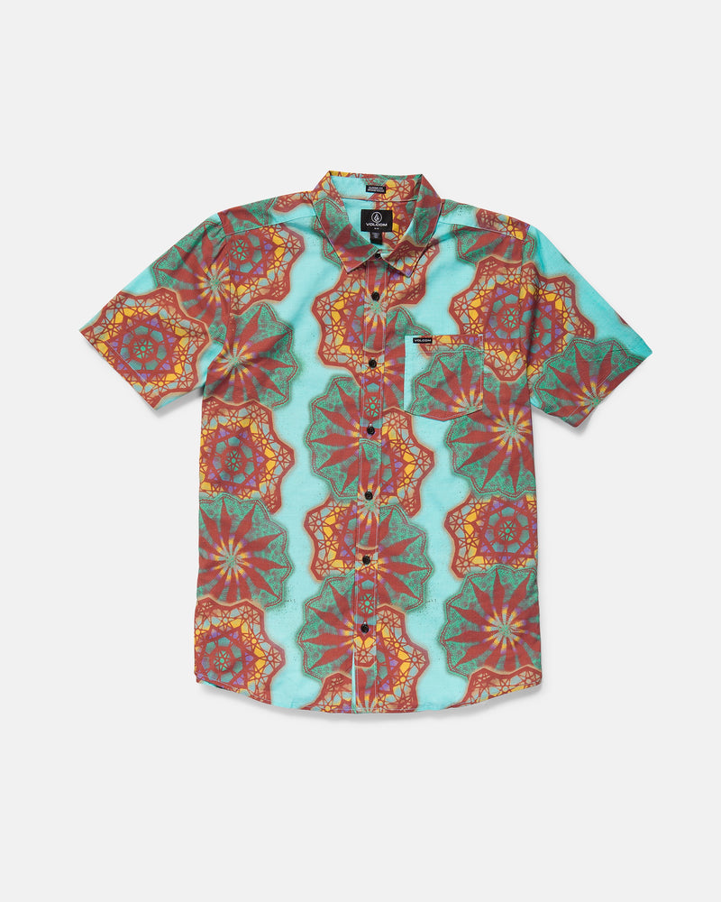 The Volcom Men's Star Shields Featured Artist Short Sleeve Tee features a classic fit and a chest pocket, with bold red, orange, yellow, and green geometric and floral patterns printed on light blue.
