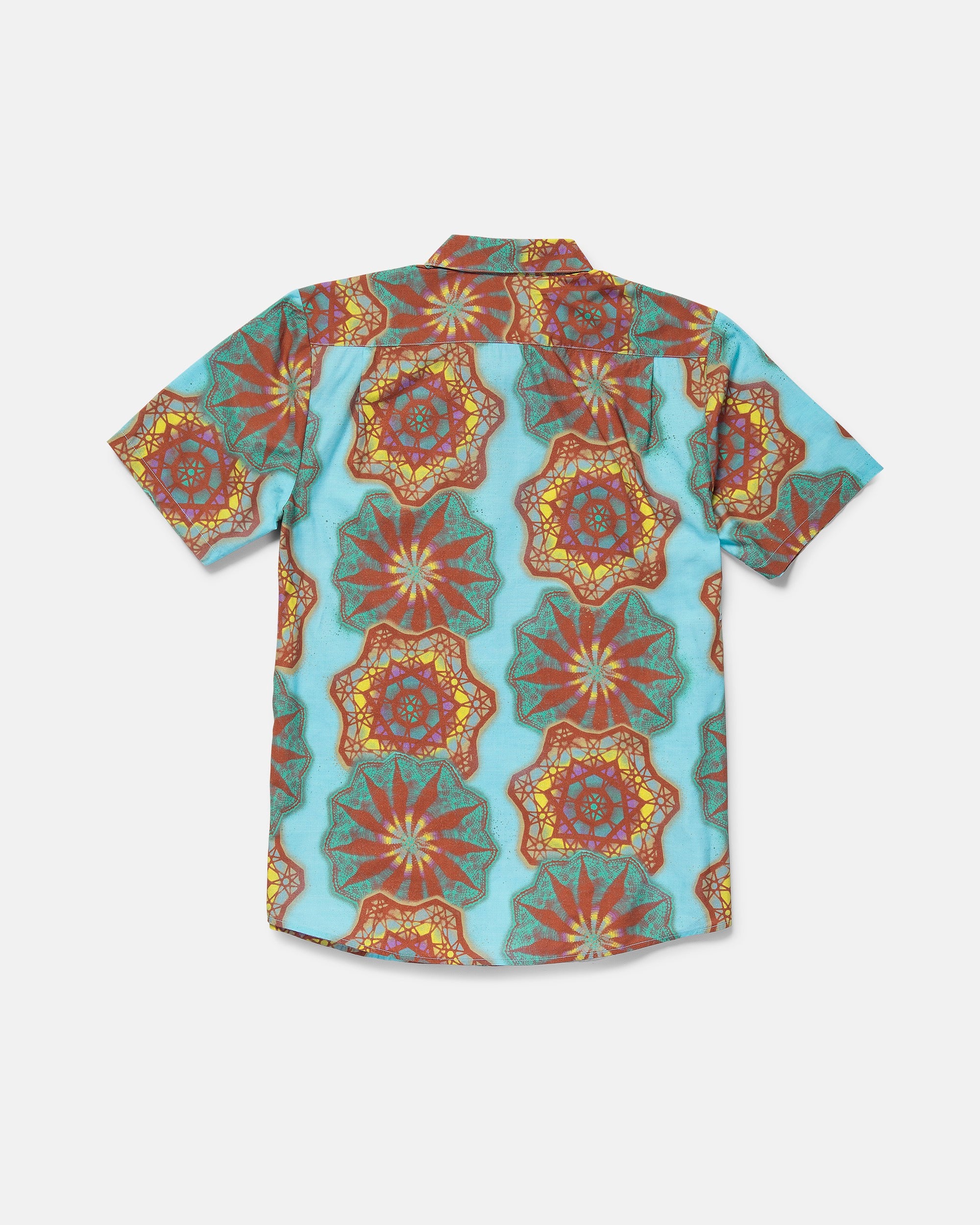 The Volcom Men's Star Shields Featured Artist Short Sleeve Tee is shown flat, back side up, with a classic fit and allover vibrant mandala-inspired red, yellow, and orange print on light blue.
