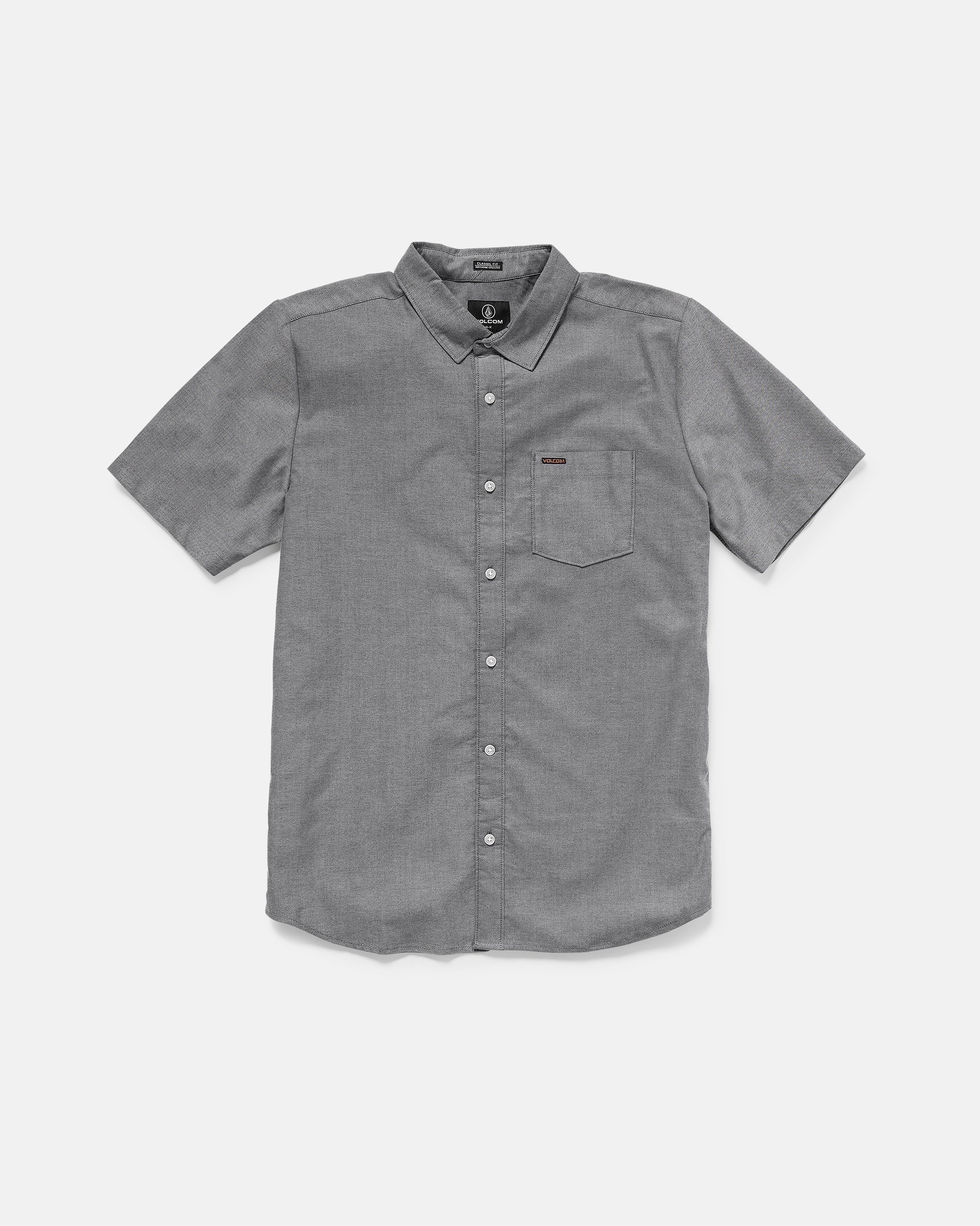 The Men’s Everett Oxford II by Volcom is a classic-fit, short sleeve gray shirt with a single chest pocket, shown flat on a white background.