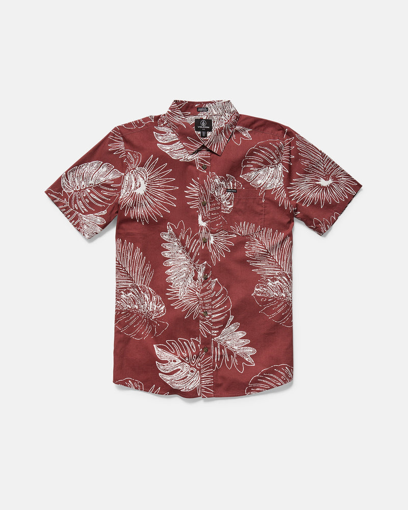 The Volcom Men's Monsterious Short Sleeve Shirt features a button-up design, collar, chest pocket, and white tropical leaf print on burgundy, made from a comfy cotton-viscose blend.
