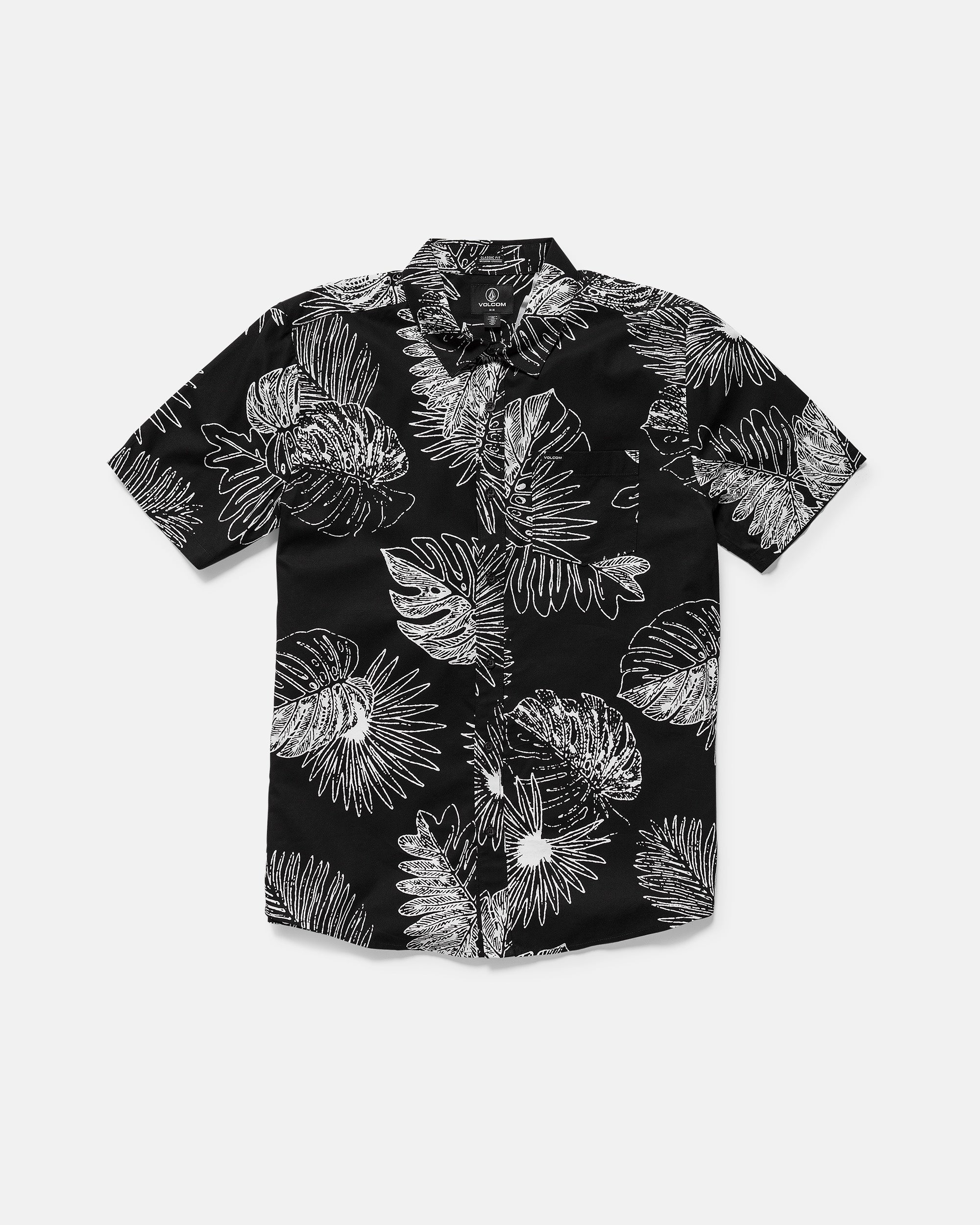 The Volcom Men's Monsterious Short Sleeve Tee is a black tee featuring an all-over white tropical leaf and flower print in a classic fit.