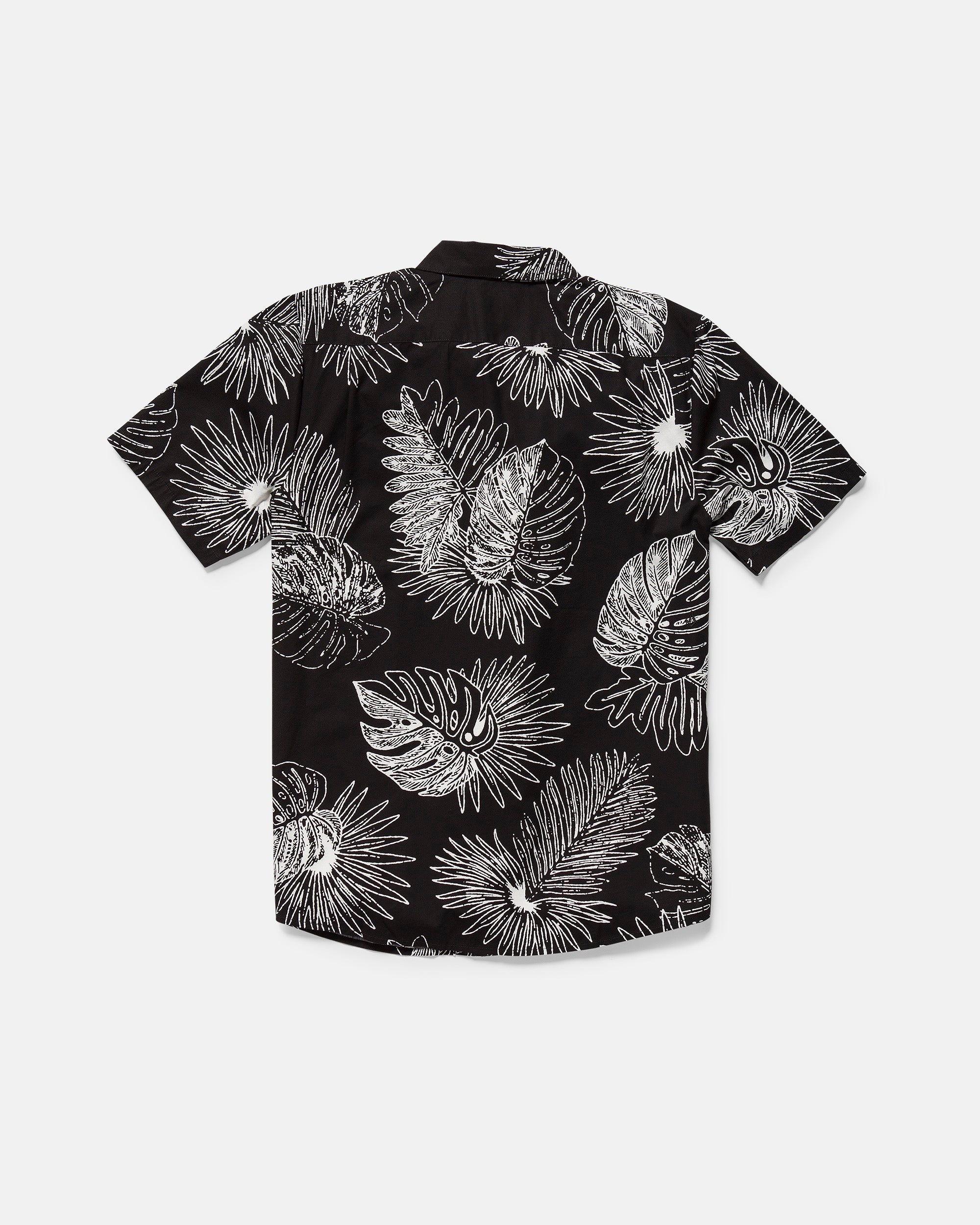 The Volcom Men's Monsterious Short Sleeve Tee is a black shirt with white tropical leaf and floral prints, shown from the back on a plain white background.