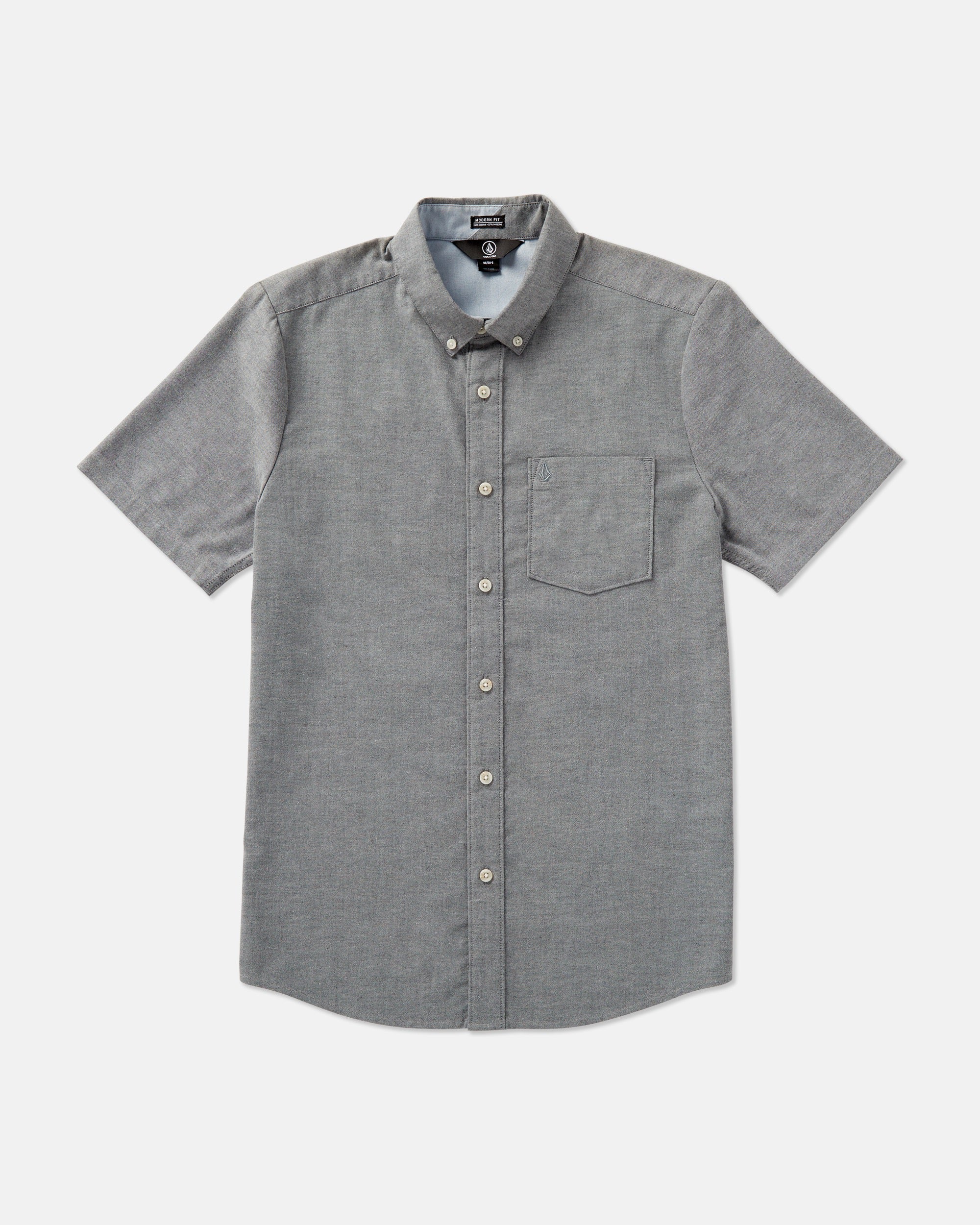 The Volcom Men's Everett Oxford Short Sleeve Tee in gray, with a slim fit, button-down collar, chest pocket, and subtle branding, is shown laid flat on a plain white background.